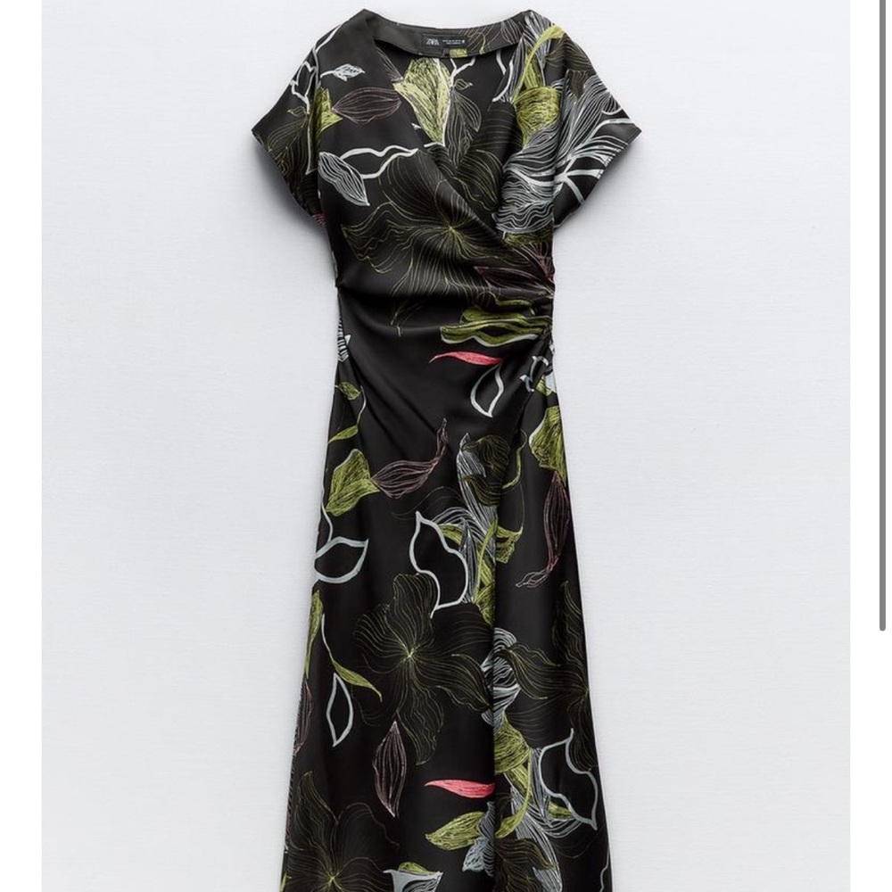 Zara Black Floral Midi Dress with Green and White Accents
